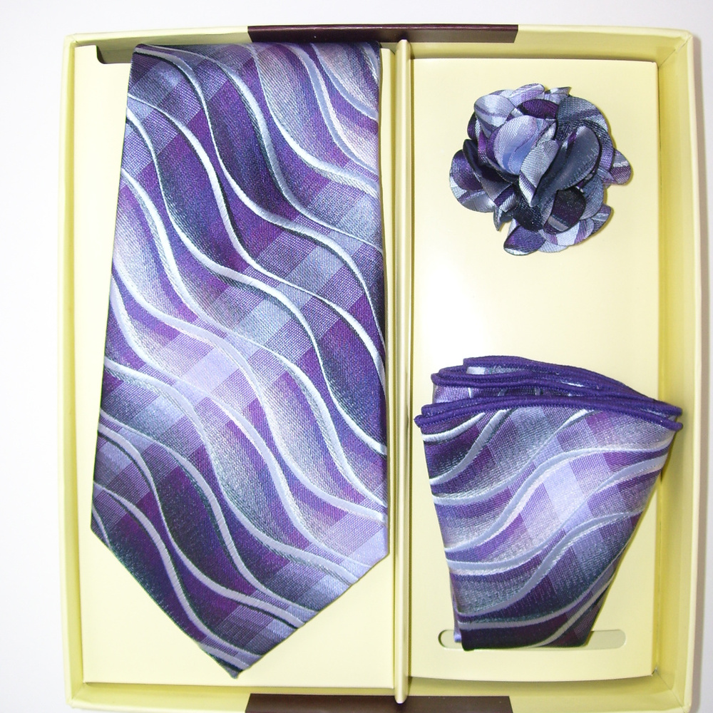 Purple Waves Necktie Handkerchief Boutonniere Set